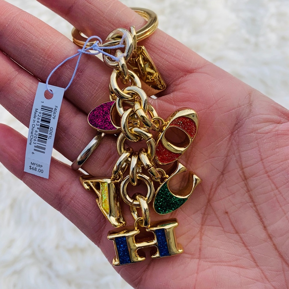 COACH Gold Multi Enamel Coach Letters Keychain